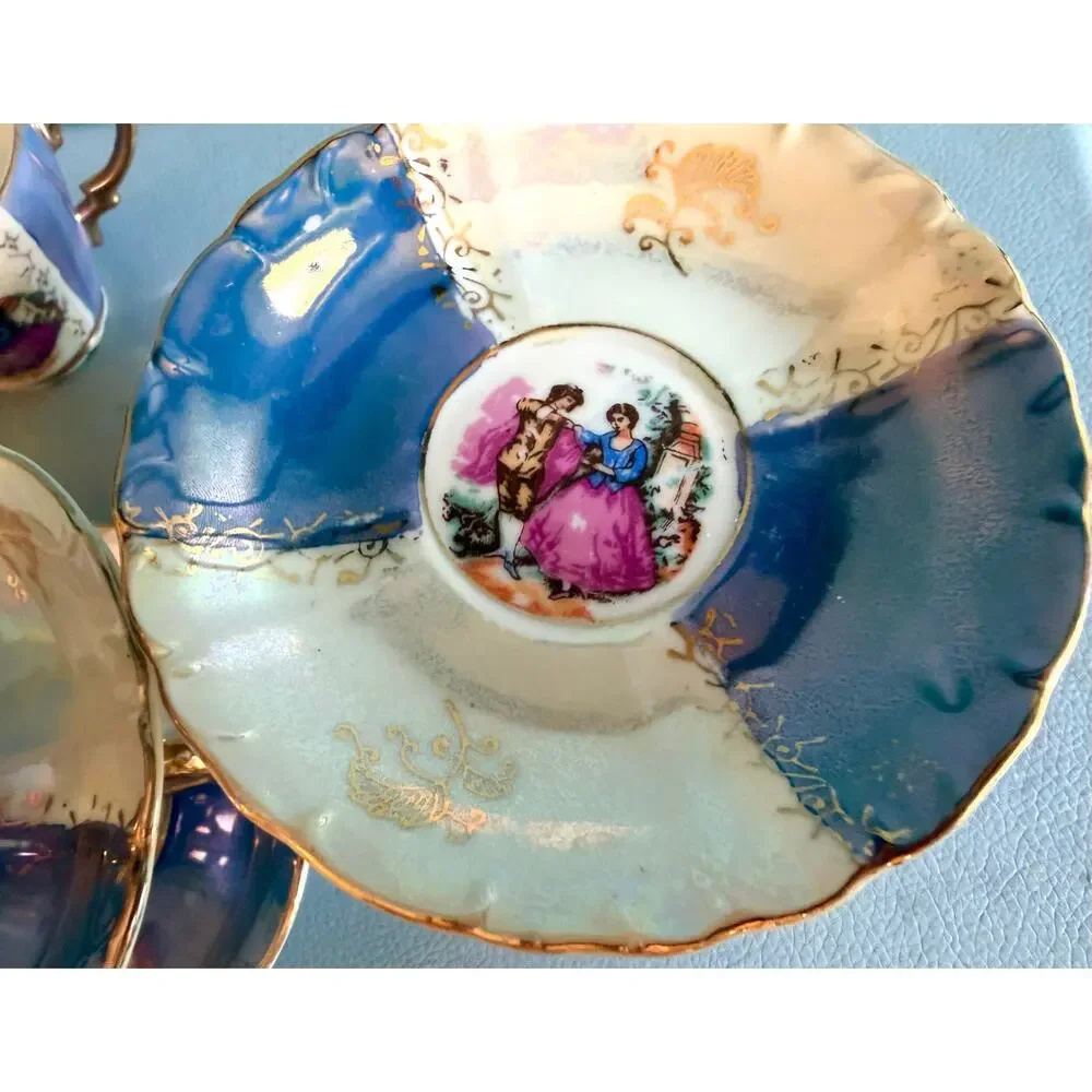 Set 4 Vintage Japan Lusterware Fragonard Demitasse Cups Saucers Purple Gold
